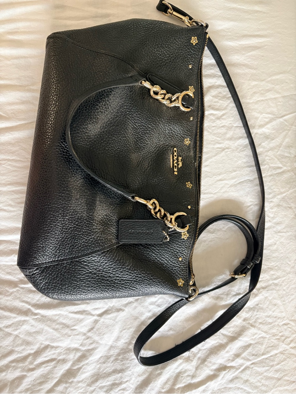 Coach Black Pebbled Leather Shoulder Satchel with Gold Accents